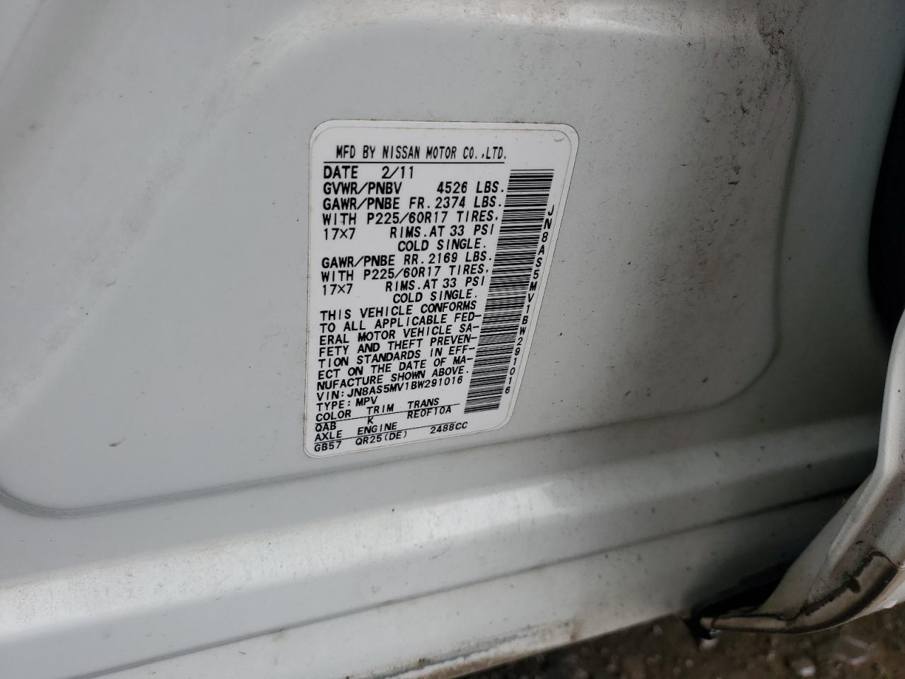 2011 Nissan Rogue S VIN: JN8AS5MV1BW291016 Lot: 84034135