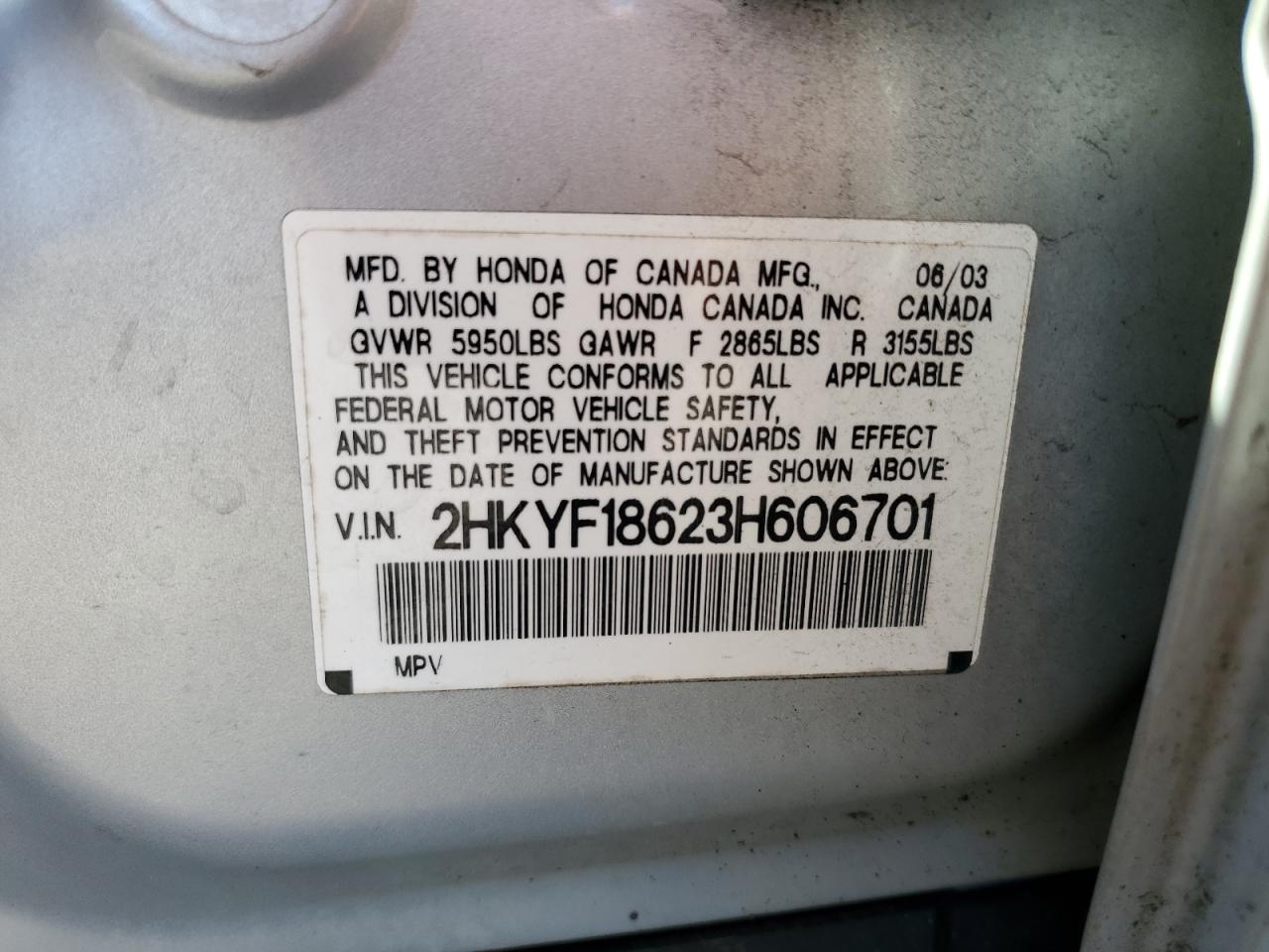 2003 Honda Pilot Exl VIN: 2HKYF18623H606701 Lot: 84250135
