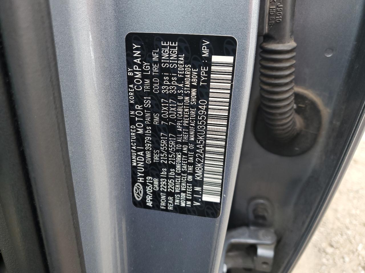 2019 Hyundai Kona Sel VIN: KM8K22AA5KU355940 Lot: 81808505