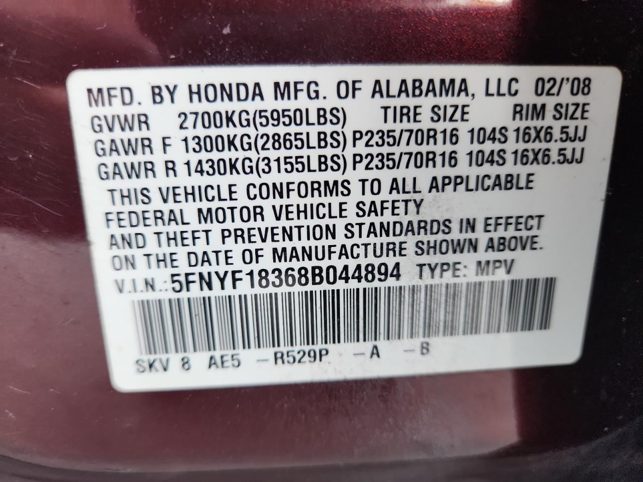 2008 Honda Pilot Se VIN: 5FNYF18368B044894 Lot: 81018165