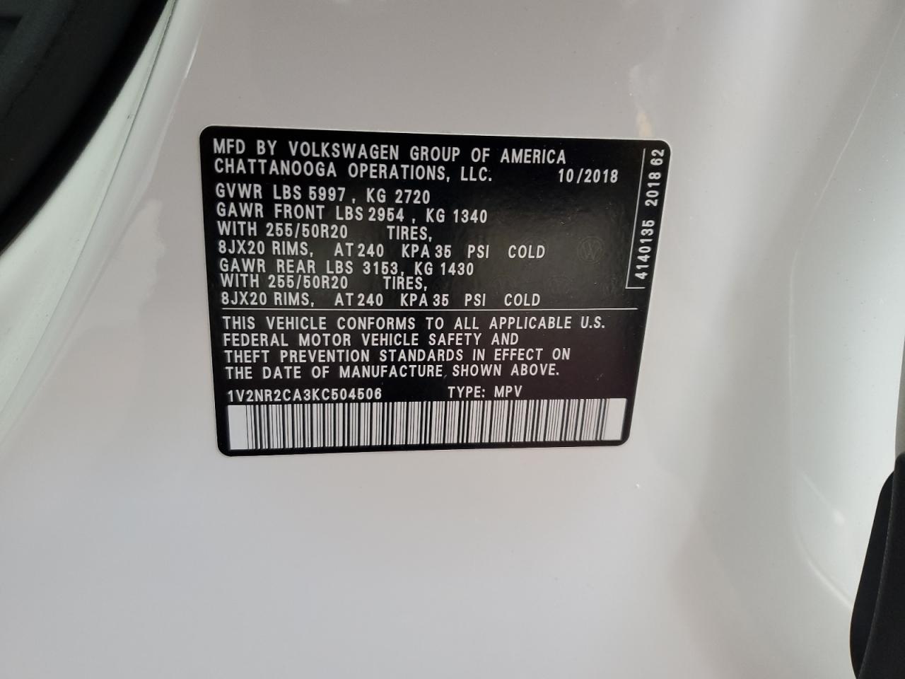 2019 Volkswagen Atlas Sel Premium VIN: 1V2NR2CA3KC504506 Lot: 81406695