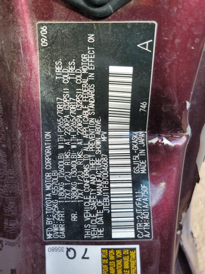 2007 Toyota Fj Cruiser VIN: JTEBU11F870046087 Lot: 81144035