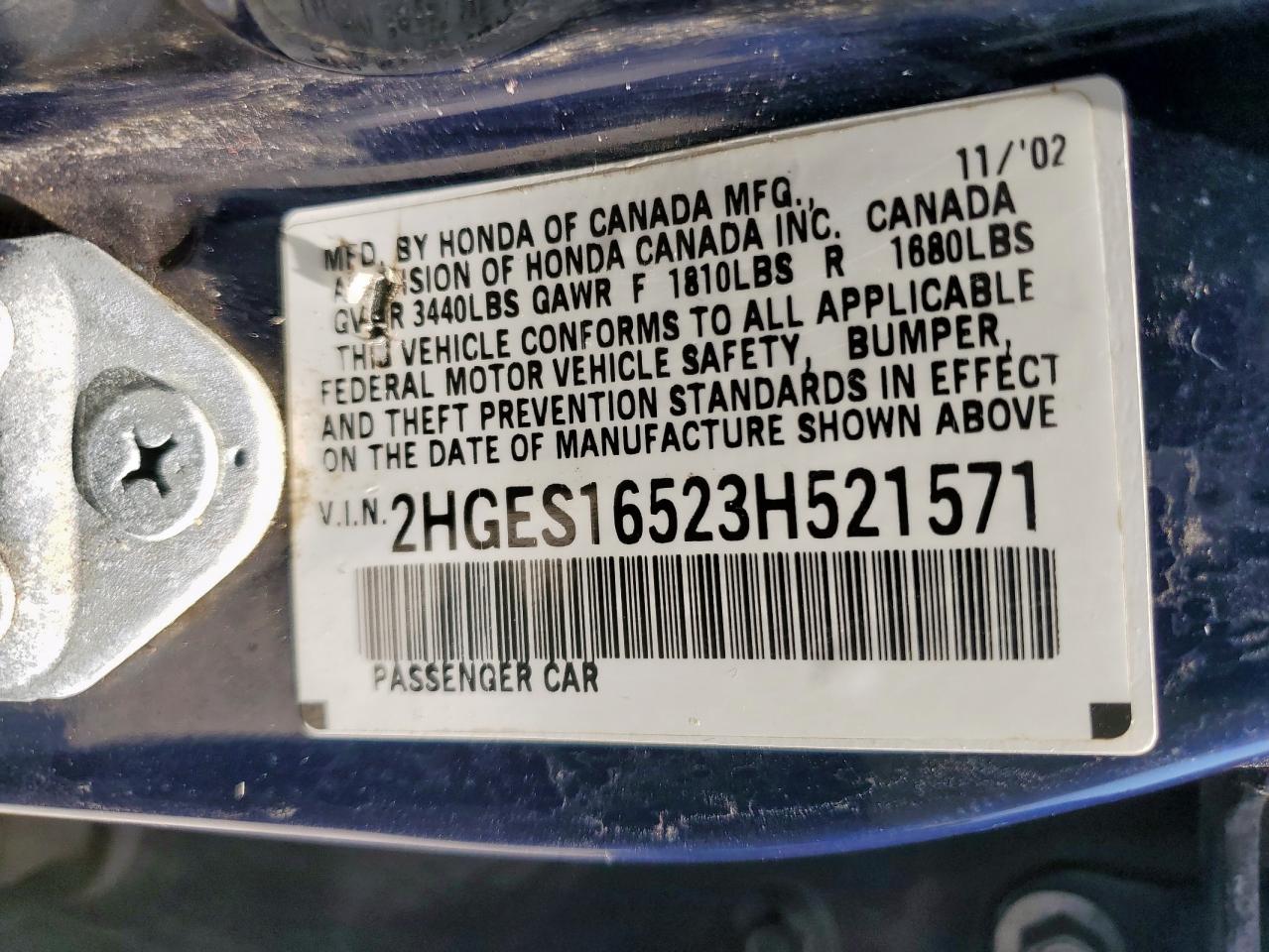 2003 Honda Civic Lx VIN: 2HGES16523H521571 Lot: 71491095