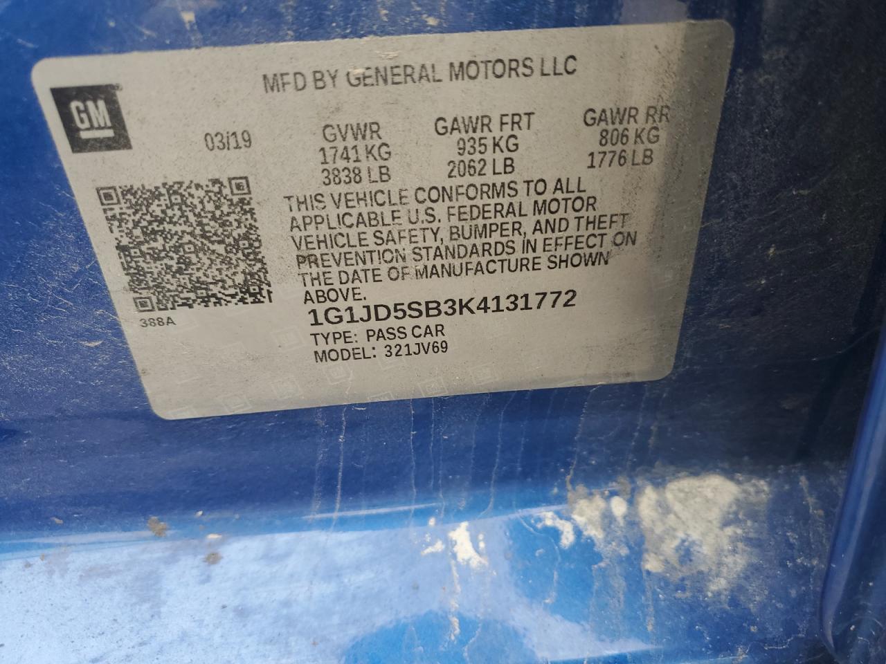 2019 Chevrolet Sonic Lt VIN: 1G1JD5SB3K4131772 Lot: 83830125