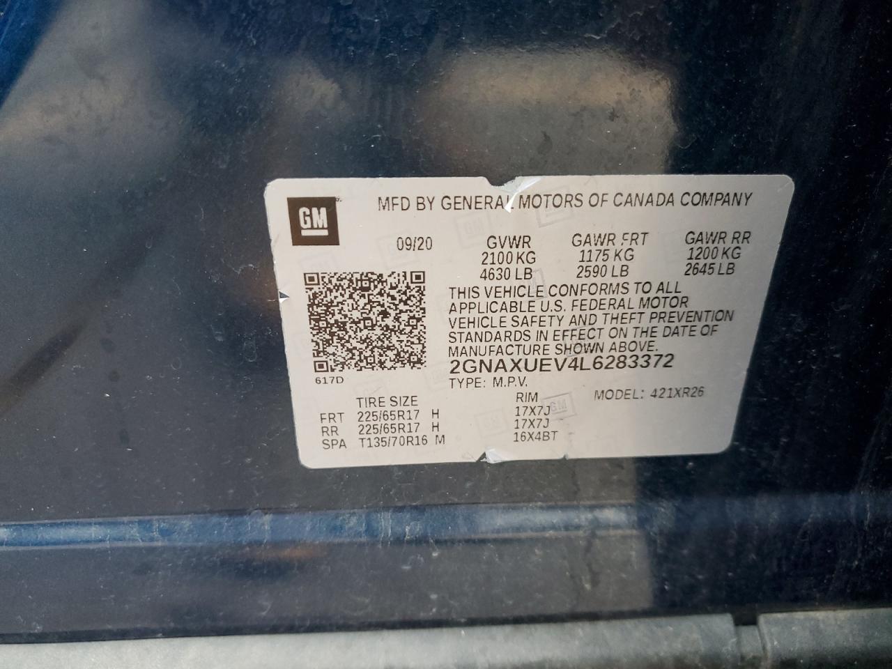 2020 Chevrolet Equinox Lt VIN: 2GNAXUEV4L6283372 Lot: 70697315