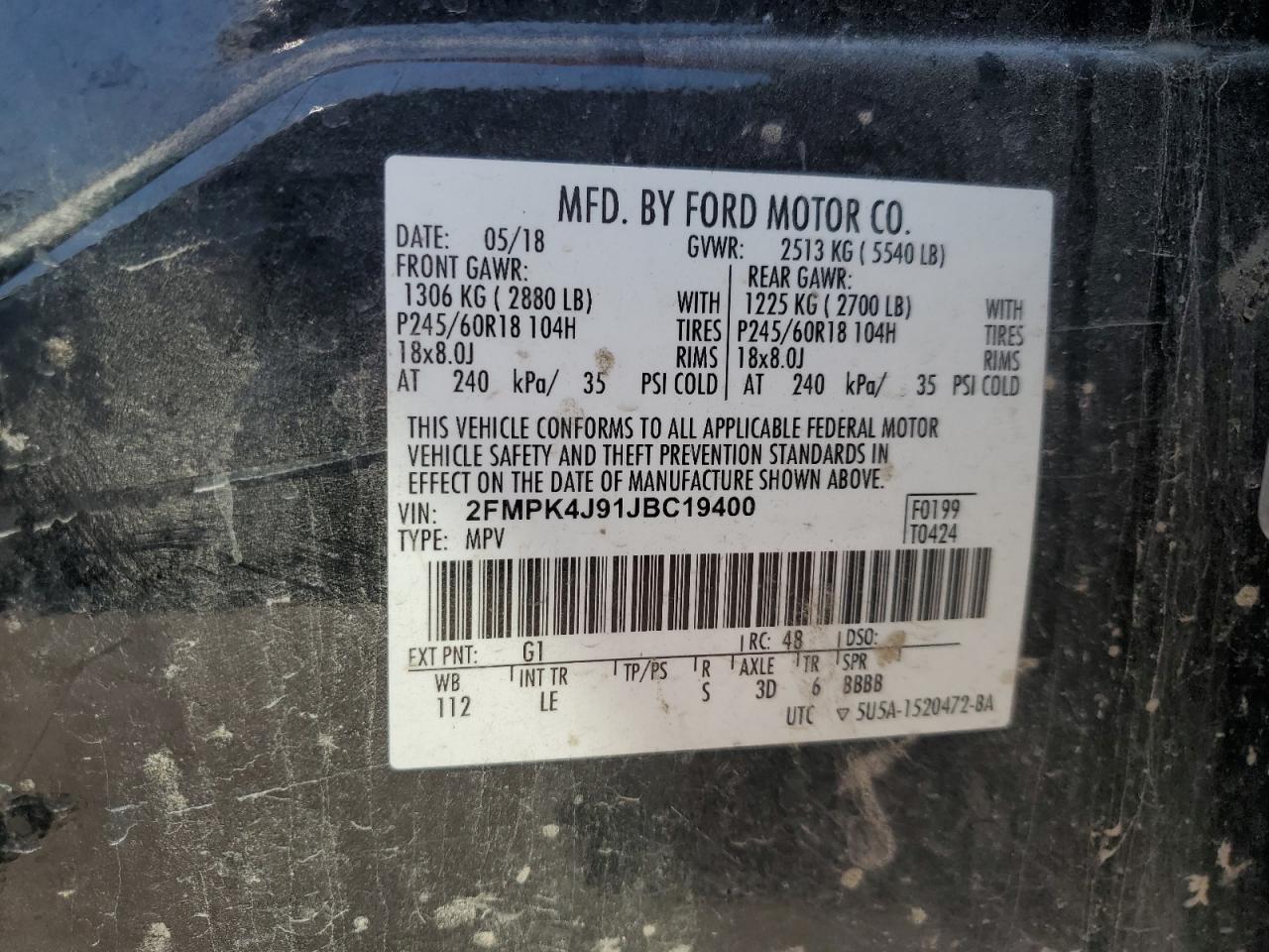 2018 Ford Edge Sel VIN: 2FMPK4J91JBC19400 Lot: 80622825