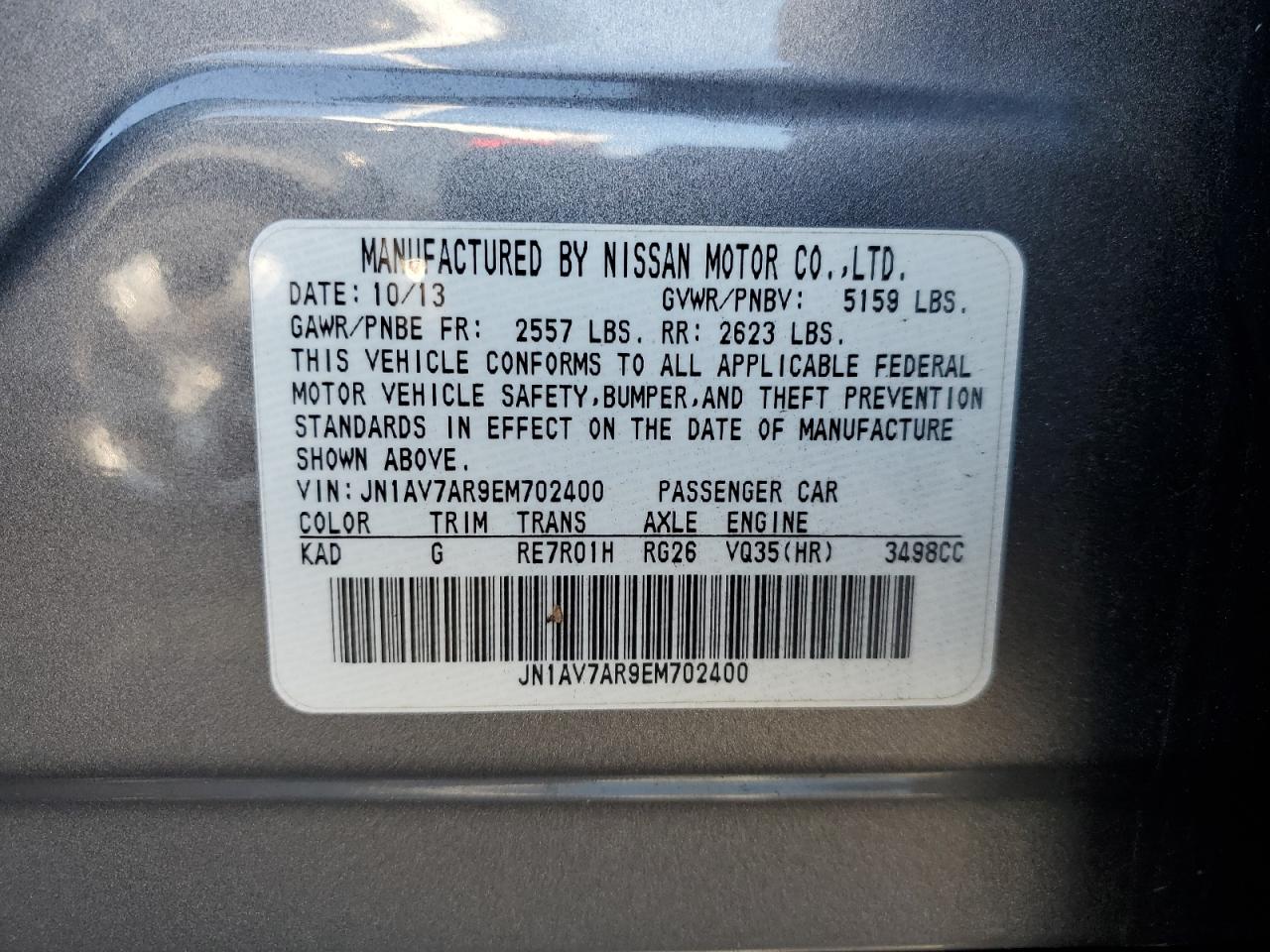 2014 Infiniti Q50 Hybrid Premium VIN: JN1AV7AR9EM702400 Lot: 71558095