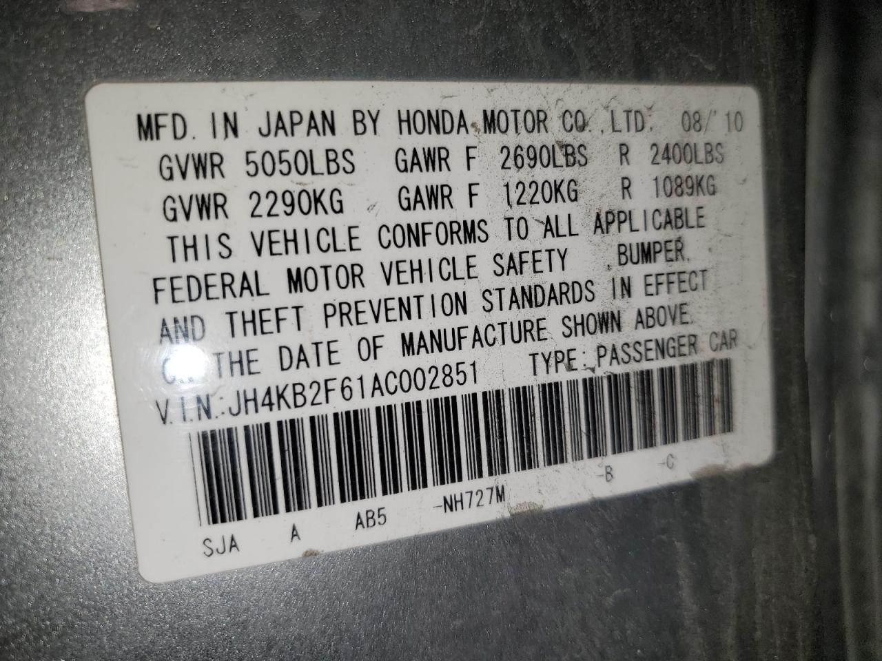 2010 Acura Rl VIN: JH4KB2F61AC002851 Lot: 71699385