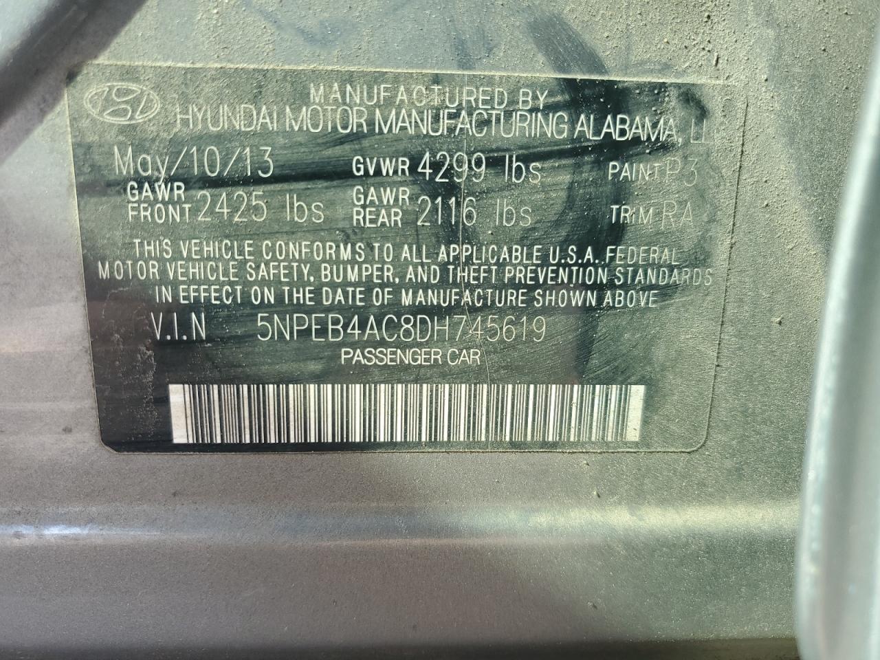 2013 Hyundai Sonata Gls VIN: 5NPEB4AC8DH745619 Lot: 80188405