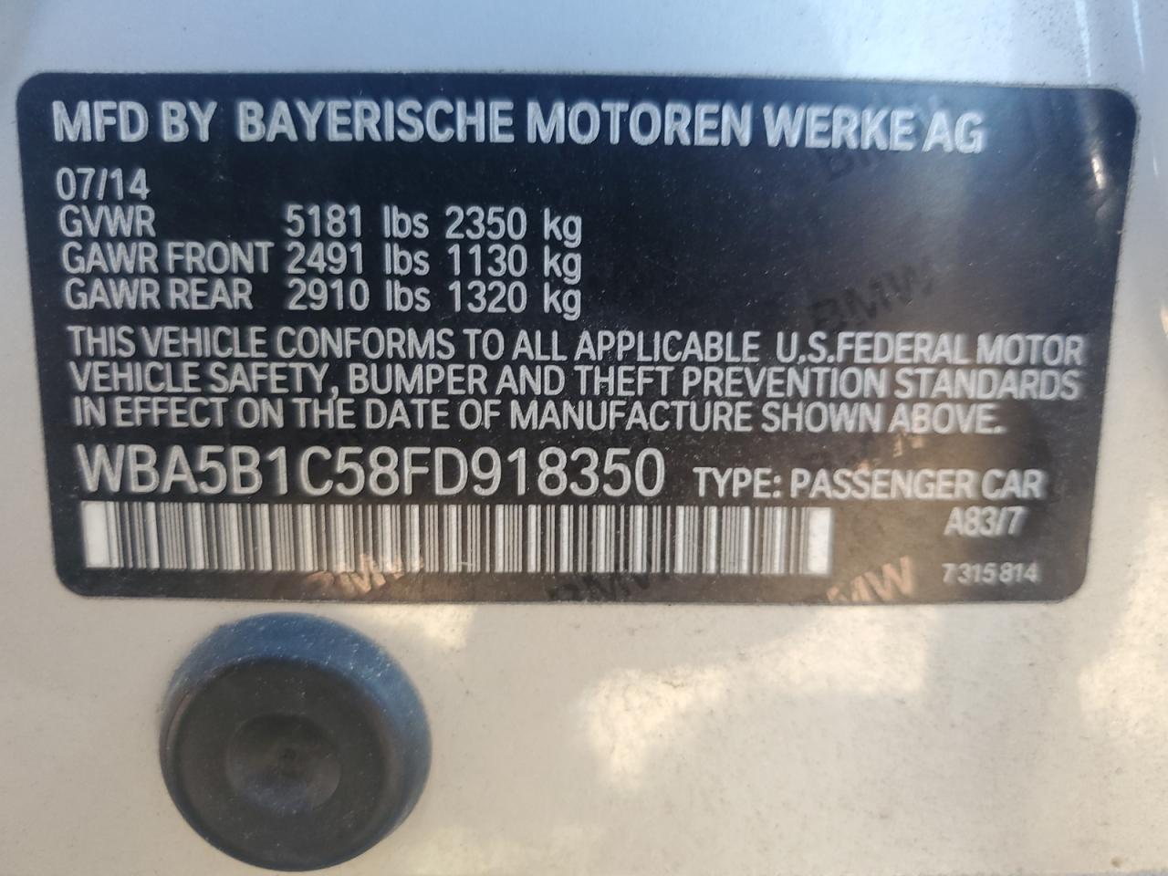 2015 BMW 535 I VIN: WBA5B1C58FD918350 Lot: 72047775