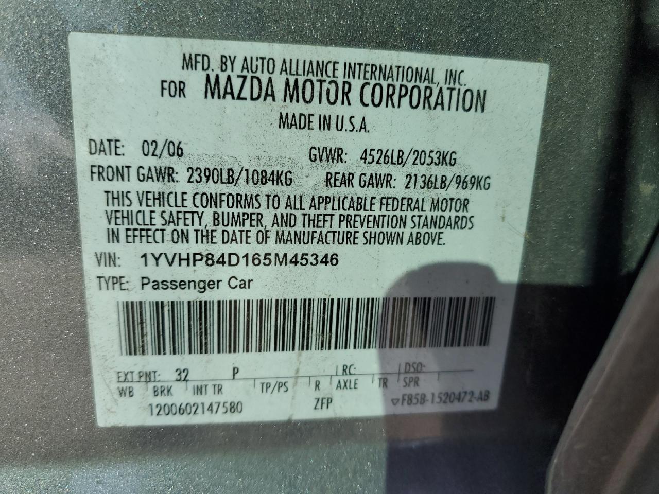 2006 Mazda 6 S VIN: 1YVHP84D165M45346 Lot: 81805925