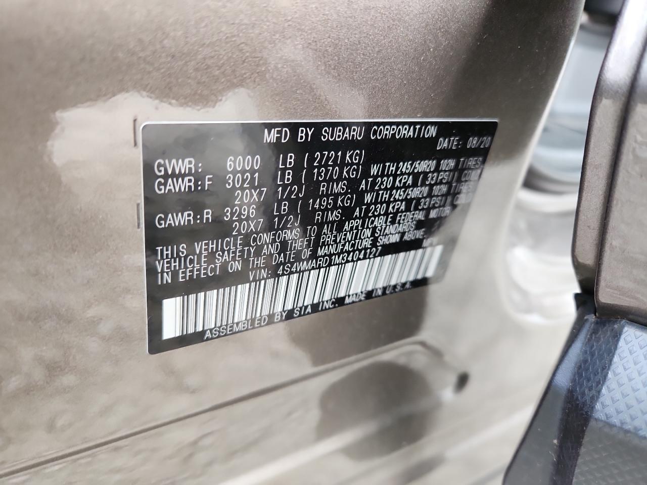 2021 Subaru Ascent Touring VIN: 4S4WMARD1M3404127 Lot: 84899775