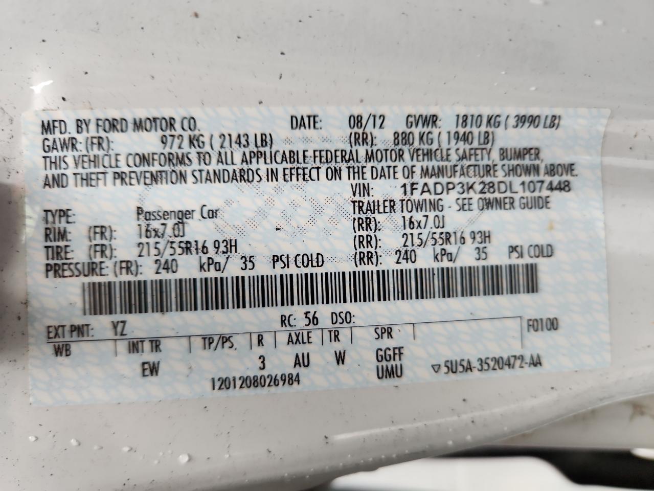 2013 Ford Focus Se VIN: 1FADP3K28DL107448 Lot: 82058285