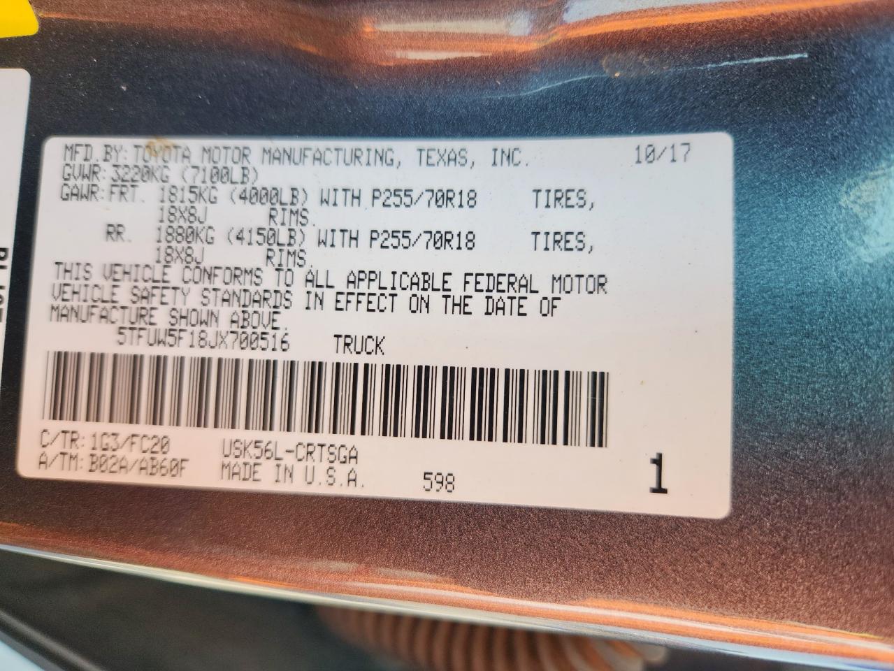 2018 Toyota Tundra Double Cab Sr VIN: 5TFUW5F18JX700516 Lot: 72050235