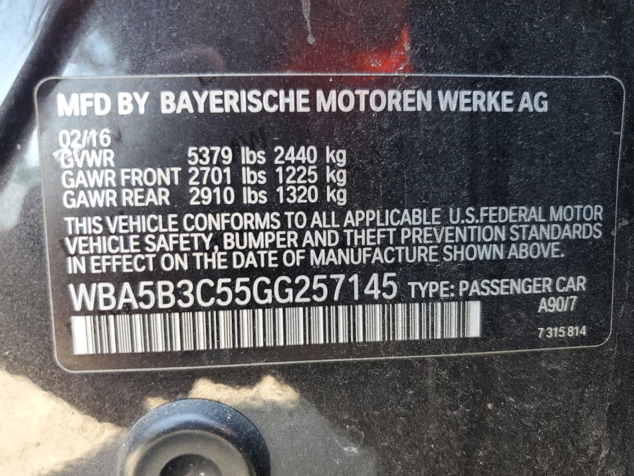 2016 BMW 535 Xi VIN: WBA5B3C55GG257145 Lot: 71488755