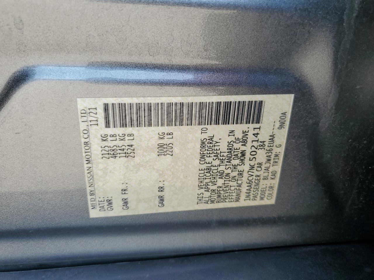 2022 Nissan Maxima Sv VIN: 1N4AA6CV7NC502141 Lot: 80394145