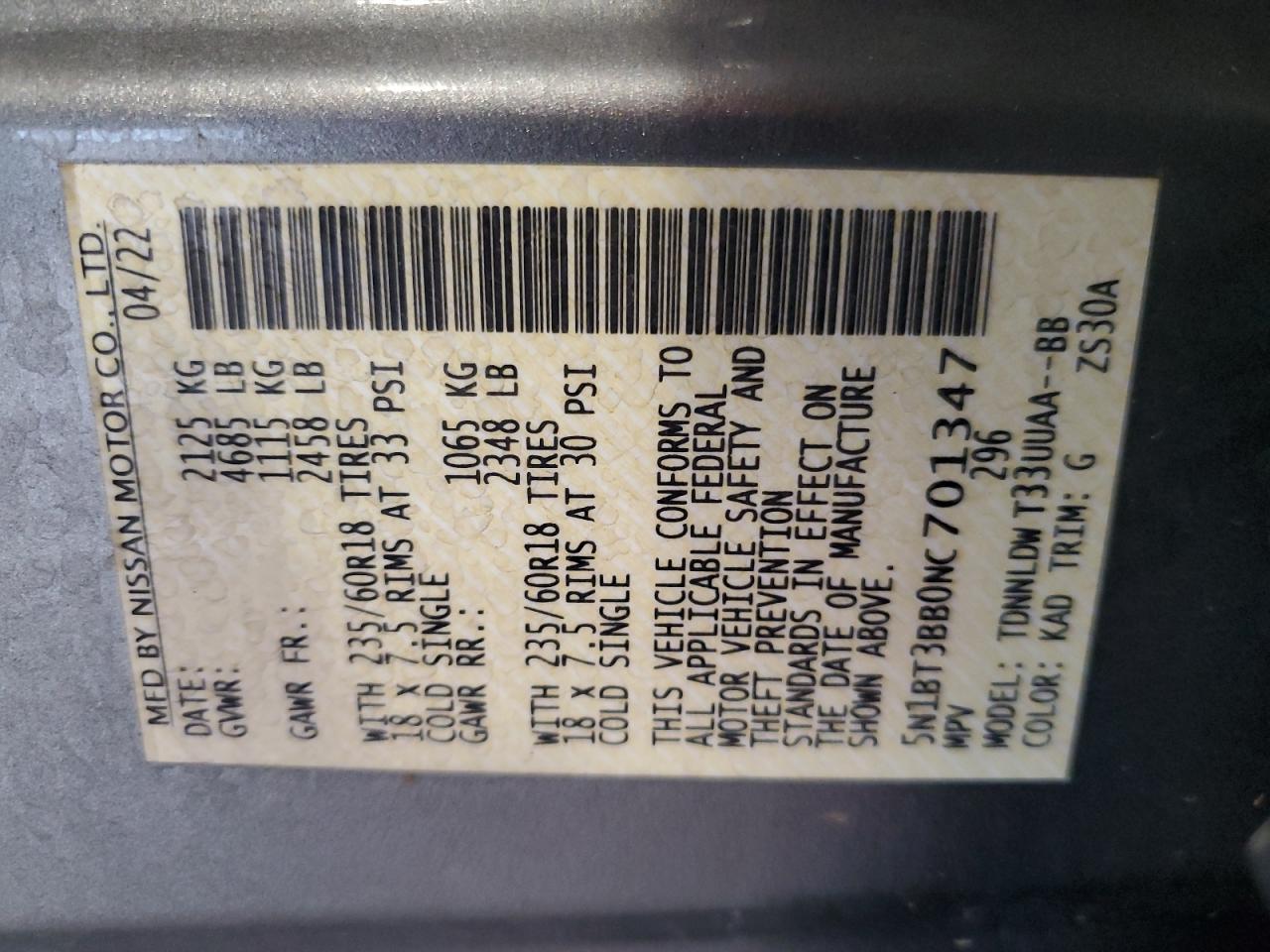 2022 Nissan Rogue Sv VIN: 5N1BT3BB0NC701347 Lot: 81415905