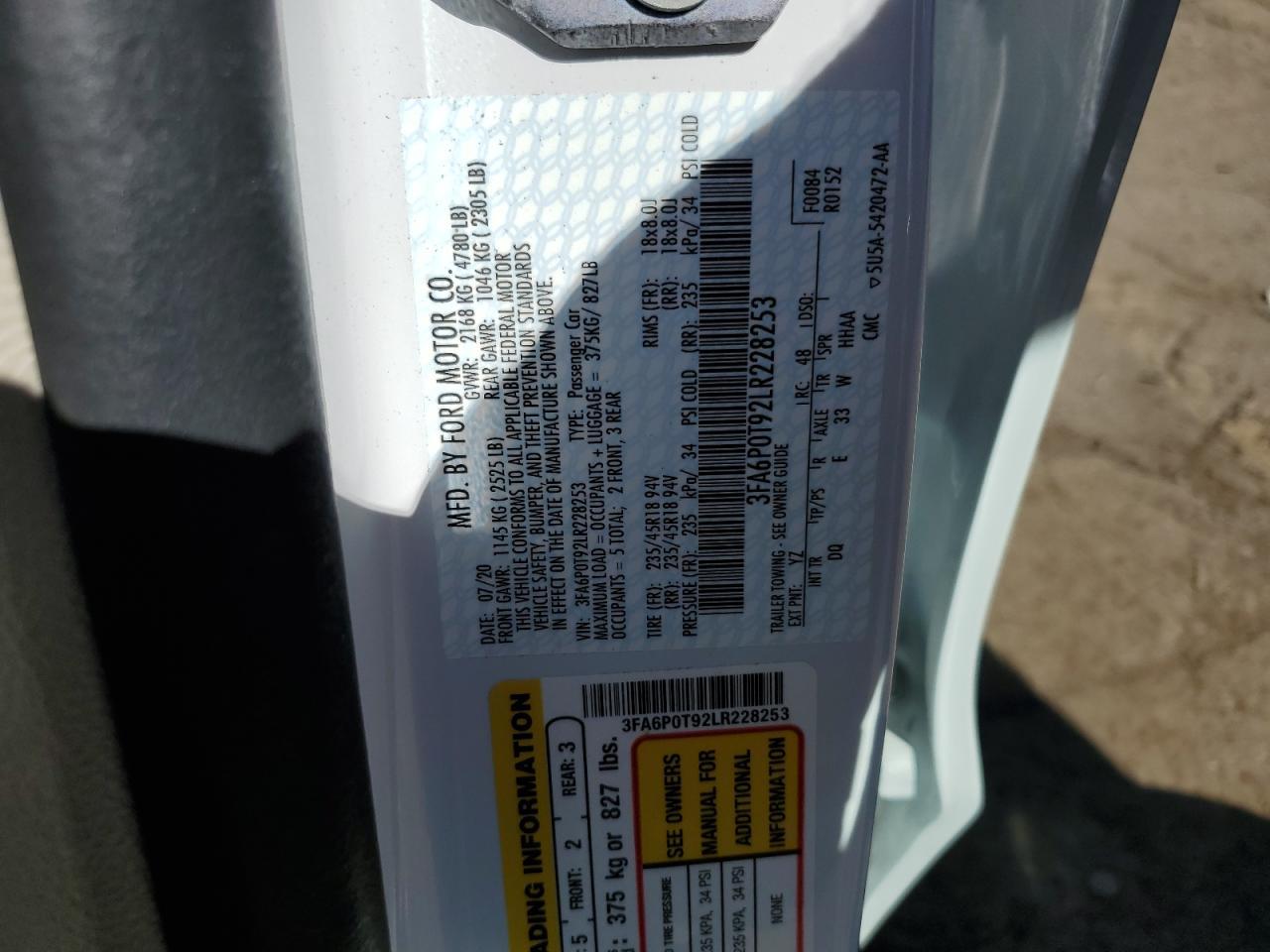 2020 Ford Fusion Se VIN: 3FA6P0T92LR228253 Lot: 84430745