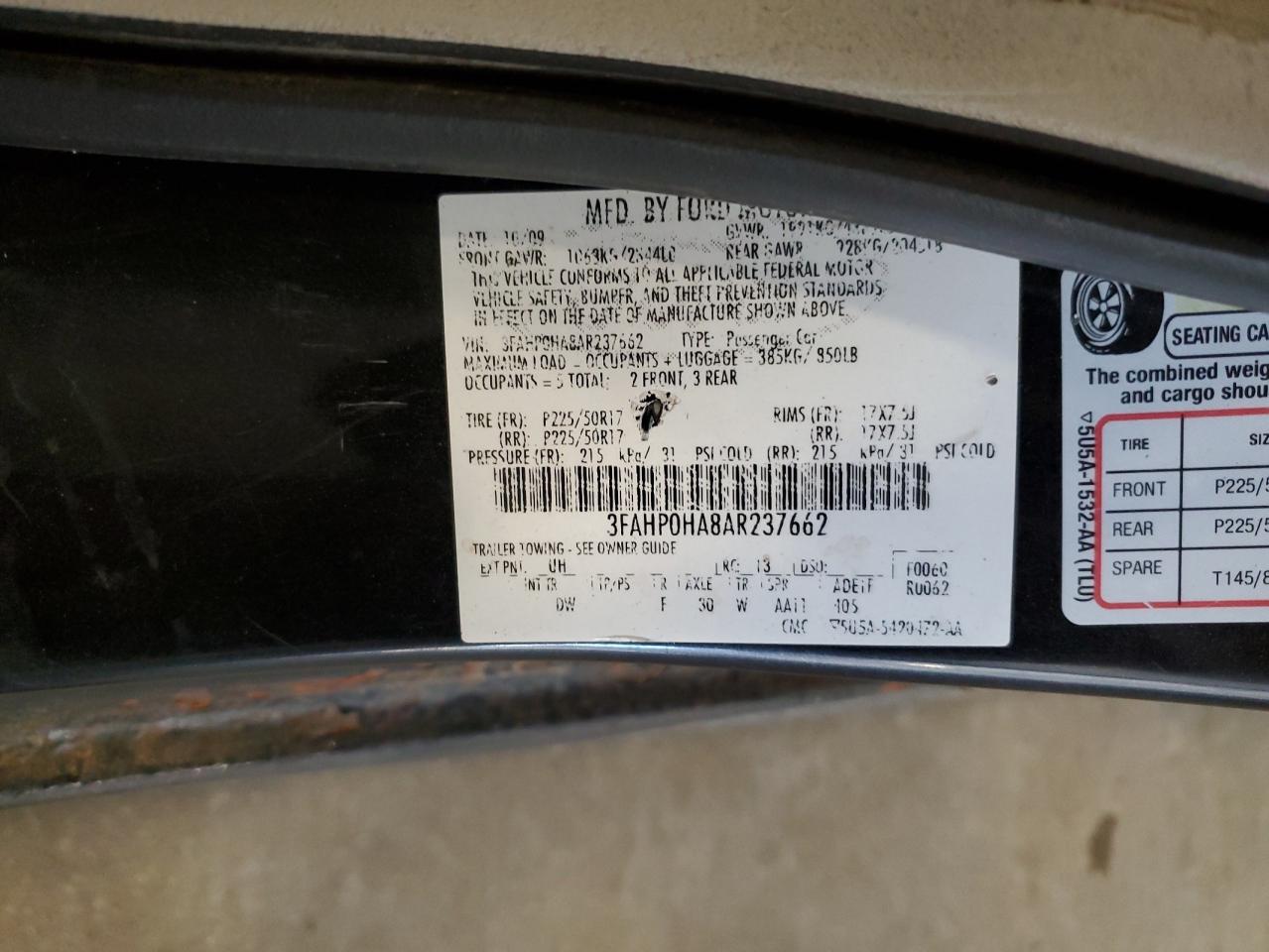 2010 Ford Fusion Se VIN: 3FAHP0HA8AR237662 Lot: 81706825