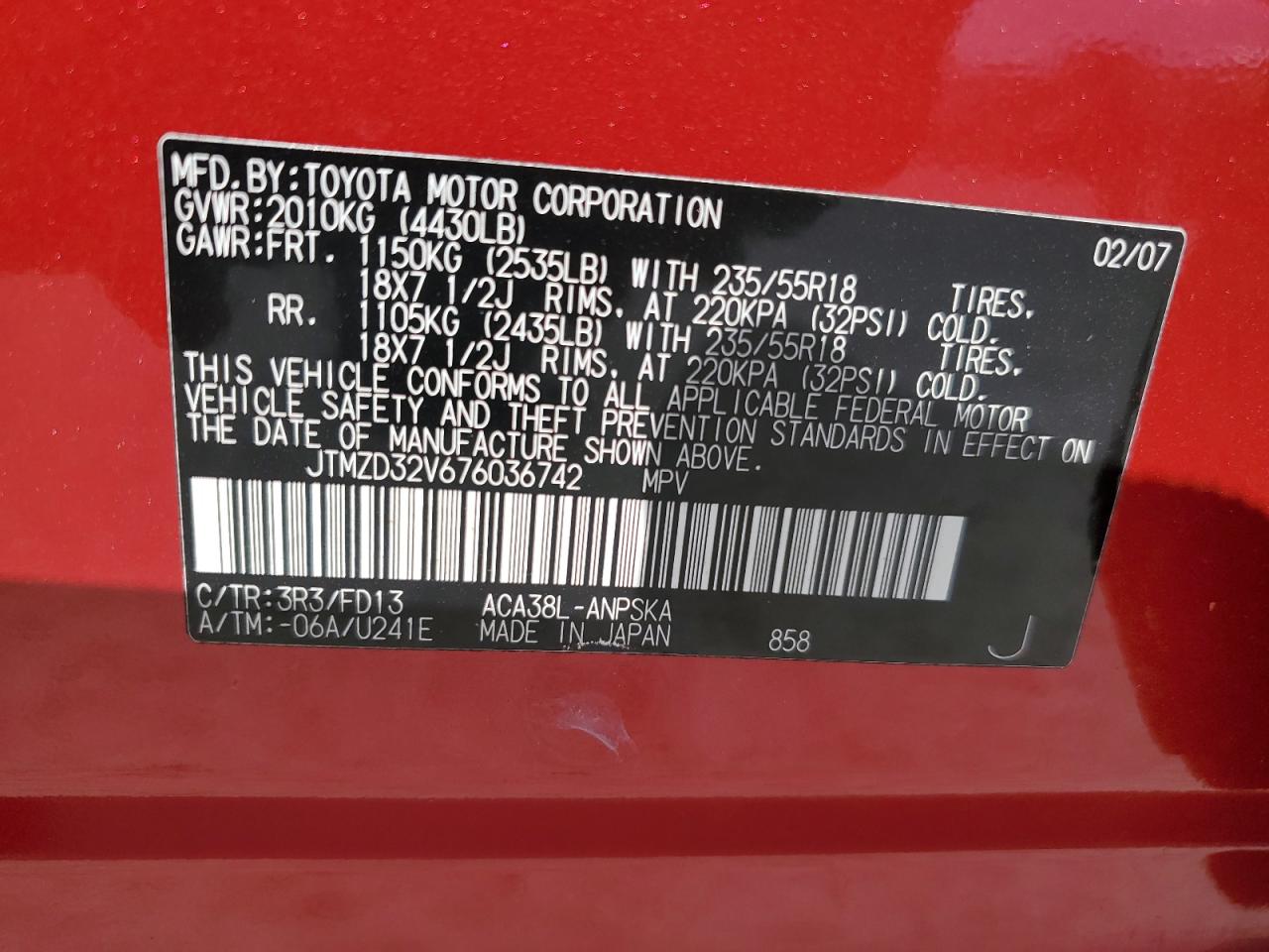 2007 Toyota Rav4 Sport VIN: JTMZD32V676036742 Lot: 72050015