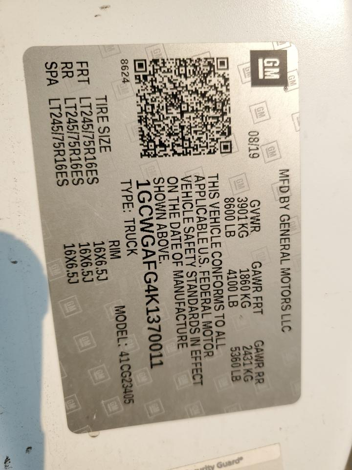 2019 Chevrolet Express G2500 VIN: 1GCWGAFG4K1370011 Lot: 71392415