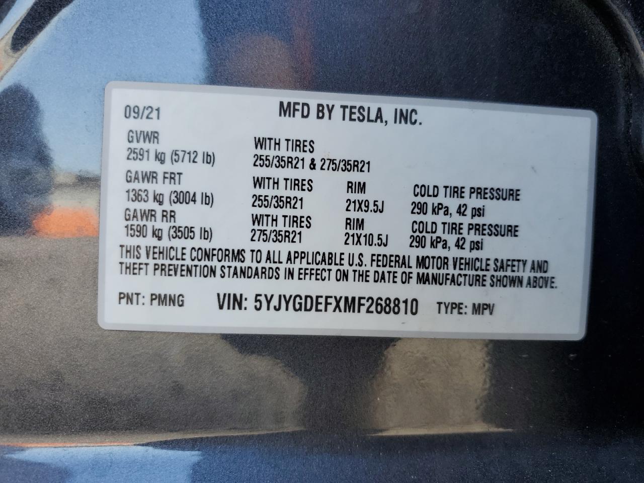 2021 Tesla Model Y VIN: 5YJYGDEFXMF268810 Lot: 70254575