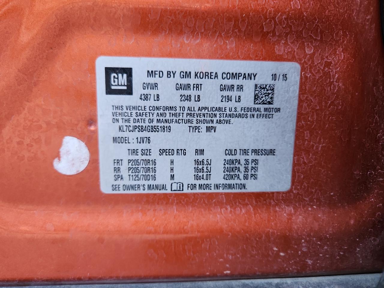 2016 Chevrolet Trax 1Lt VIN: KL7CJPSB4GB551819 Lot: 71726895