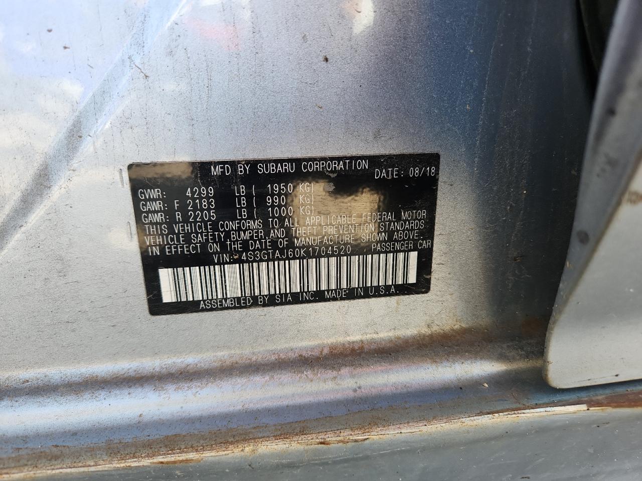 2019 Subaru Impreza Sport VIN: 4S3GTAJ60K1704520 Lot: 82059855