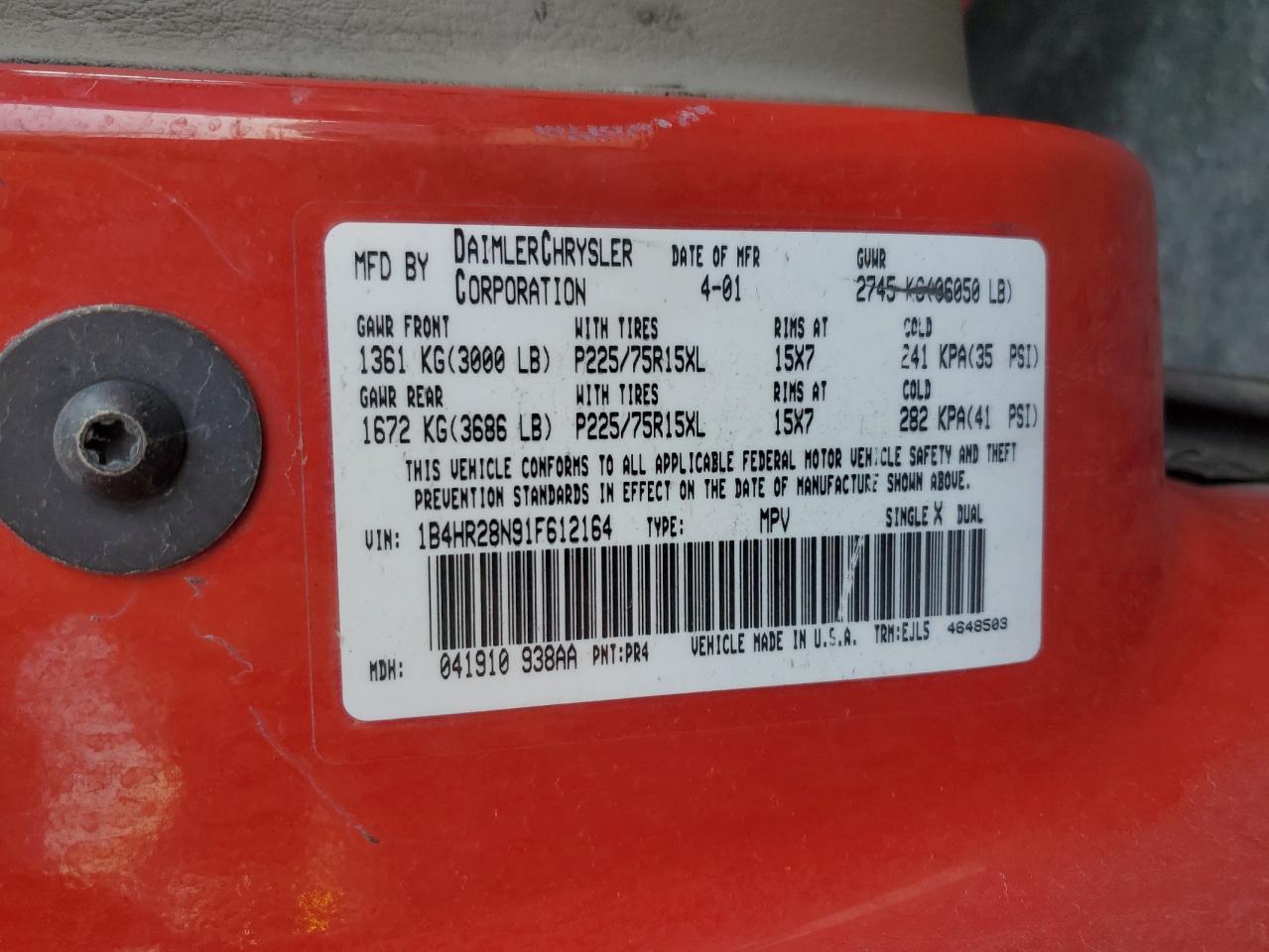 2001 Dodge Durango VIN: 1B4HR28N91F612164 Lot: 82137745