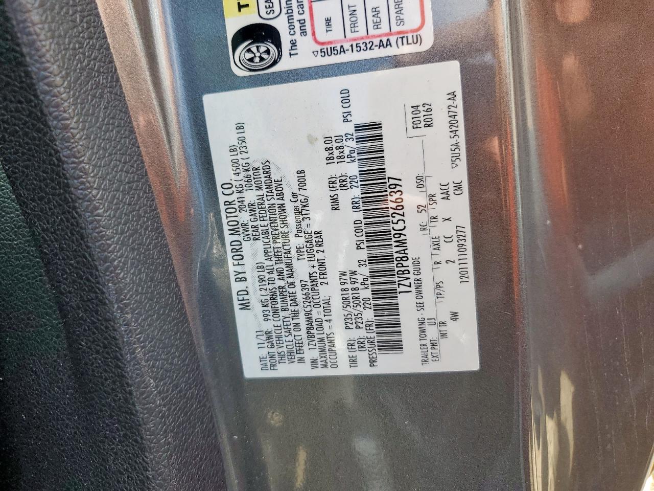 2012 Ford Mustang VIN: 1ZVBP8AM9C5266397 Lot: 80132375