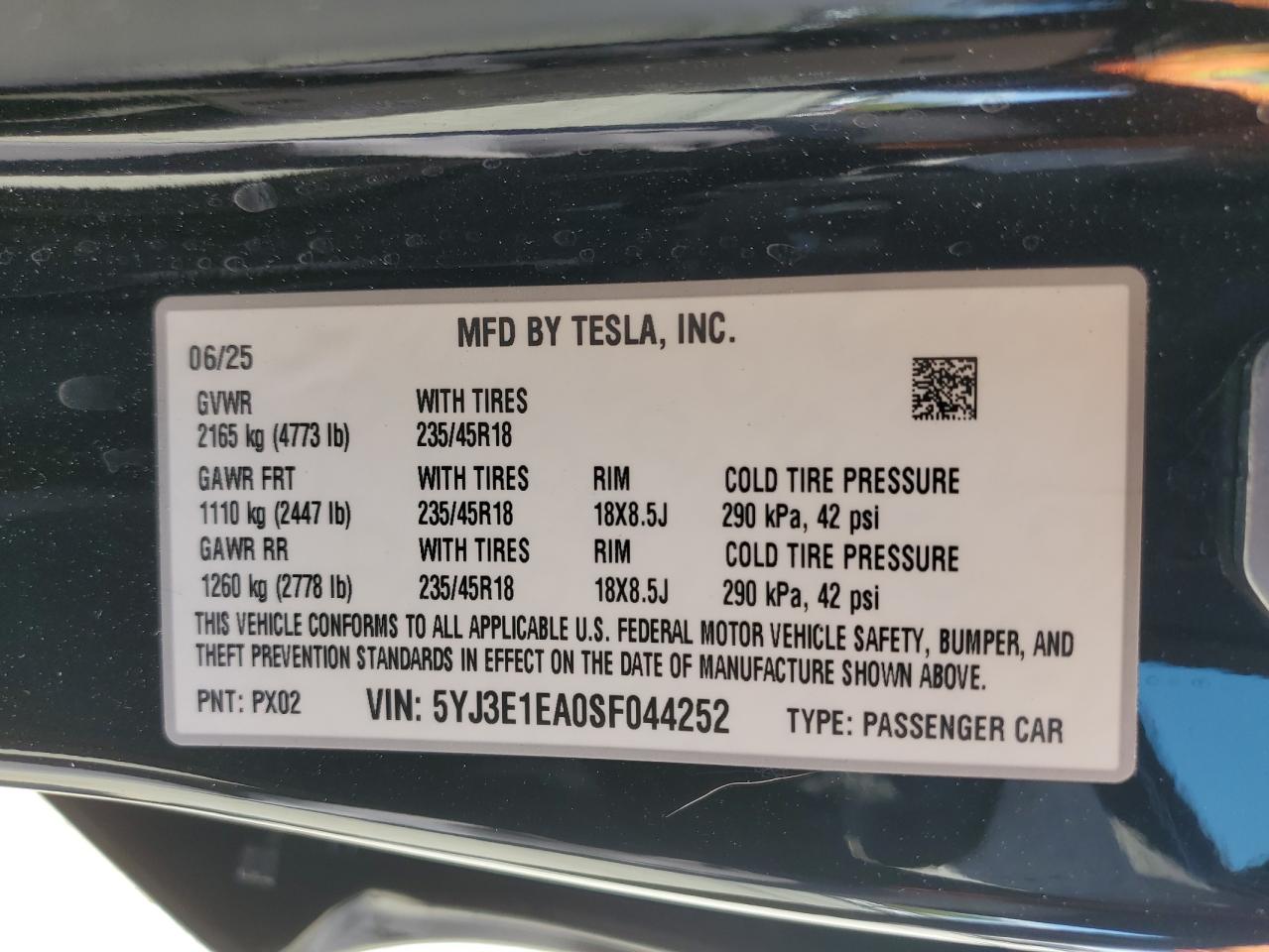 2025 Tesla Model 3 VIN: 5YJ3E1EA0SF044252 Lot: 84183365