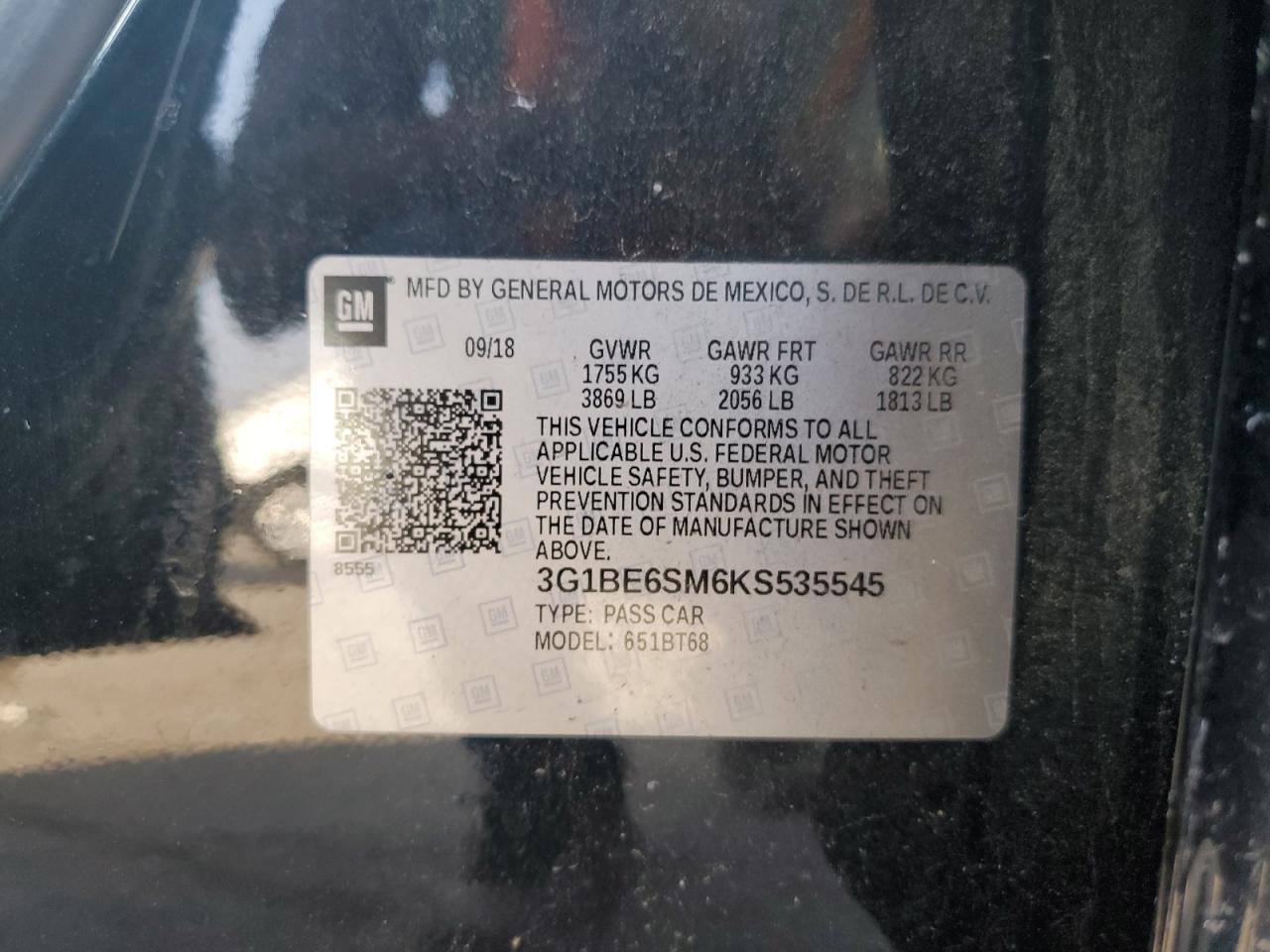 2019 Chevrolet Cruze Lt VIN: 3G1BE6SM6KS535545 Lot: 81550415