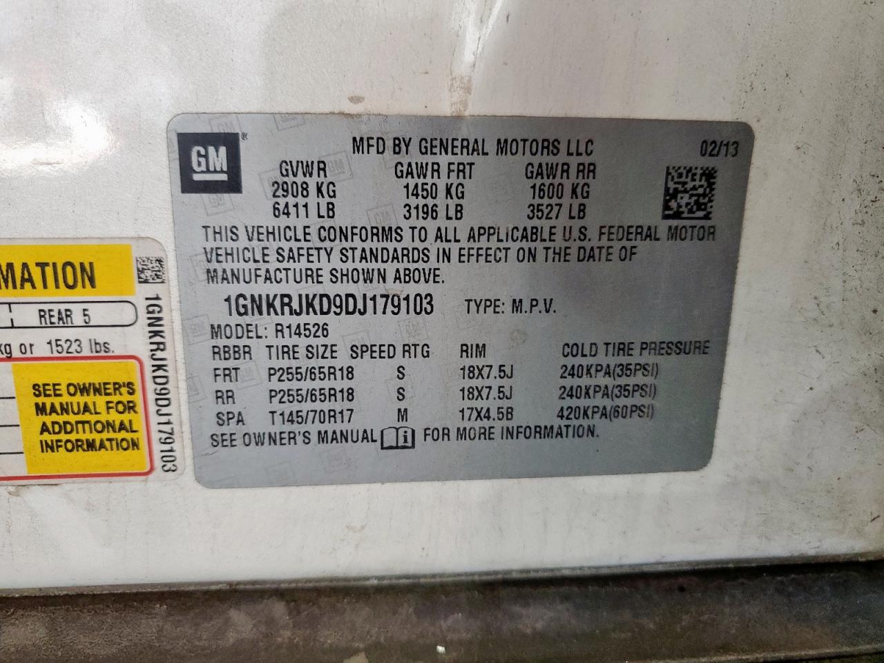 2013 Chevrolet Traverse Lt VIN: 1GNKRJKD9DJ179103 Lot: 80102935