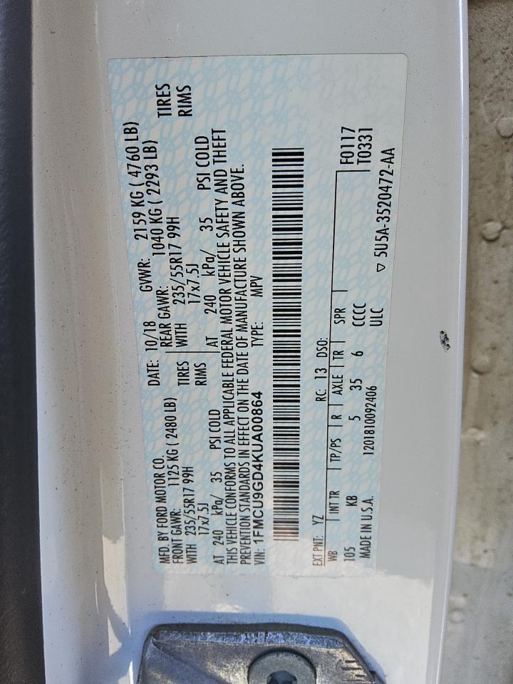 2019 Ford Escape Se VIN: 1FMCU9GD4KUA00864 Lot: 72080195