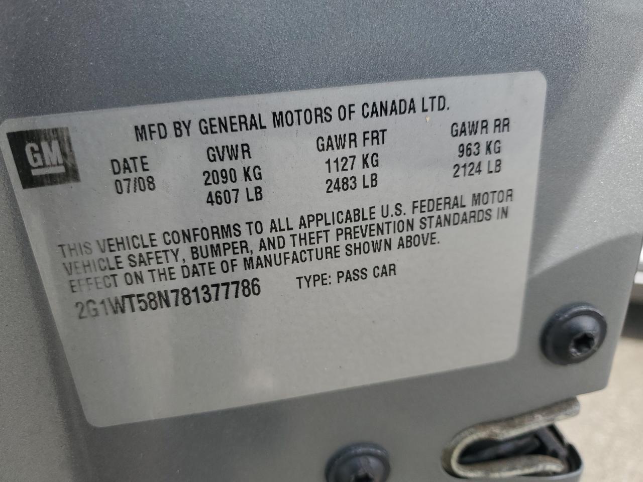 2008 Chevrolet Impala Lt VIN: 2G1WT58N781377786 Lot: 80549595