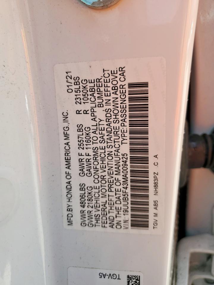 2021 Acura Tlx Technology VIN: 19UUB5F43MA009425 Lot: 80708935