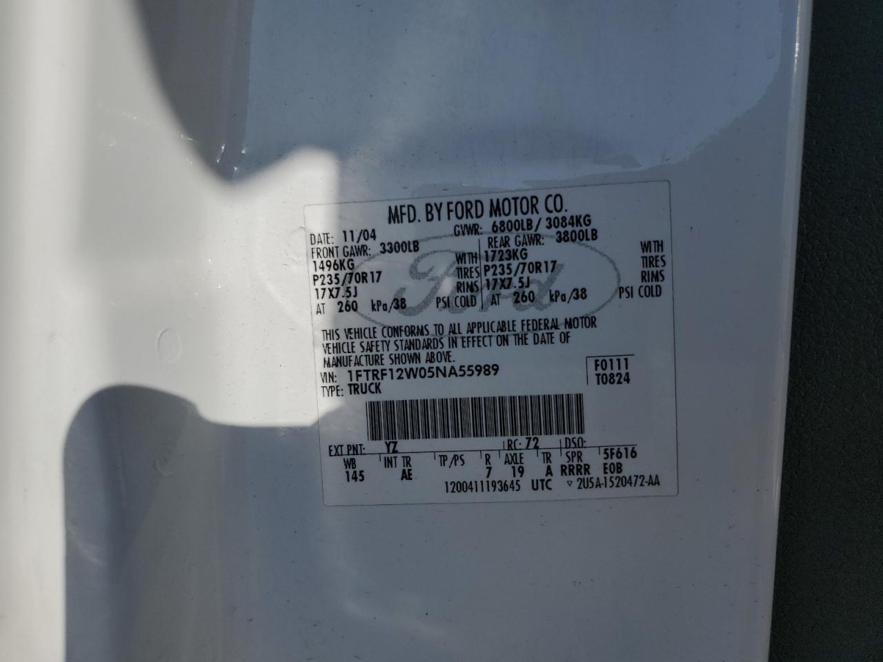 2005 Ford F150 VIN: 1FTRF12W05NA55989 Lot: 81139615