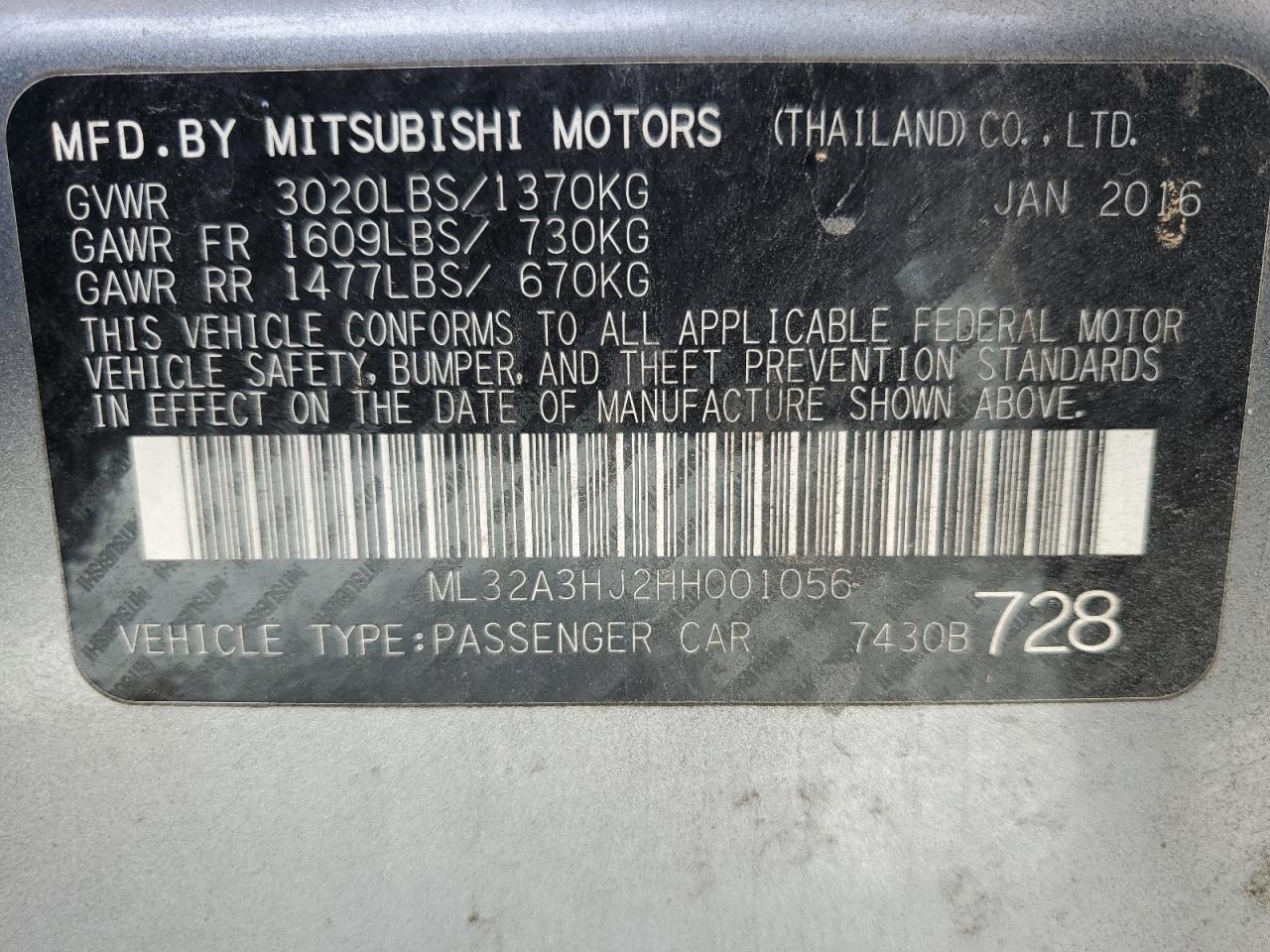 2017 Mitsubishi Mirage Es VIN: ML32A3HJ2HH001056 Lot: 71820845