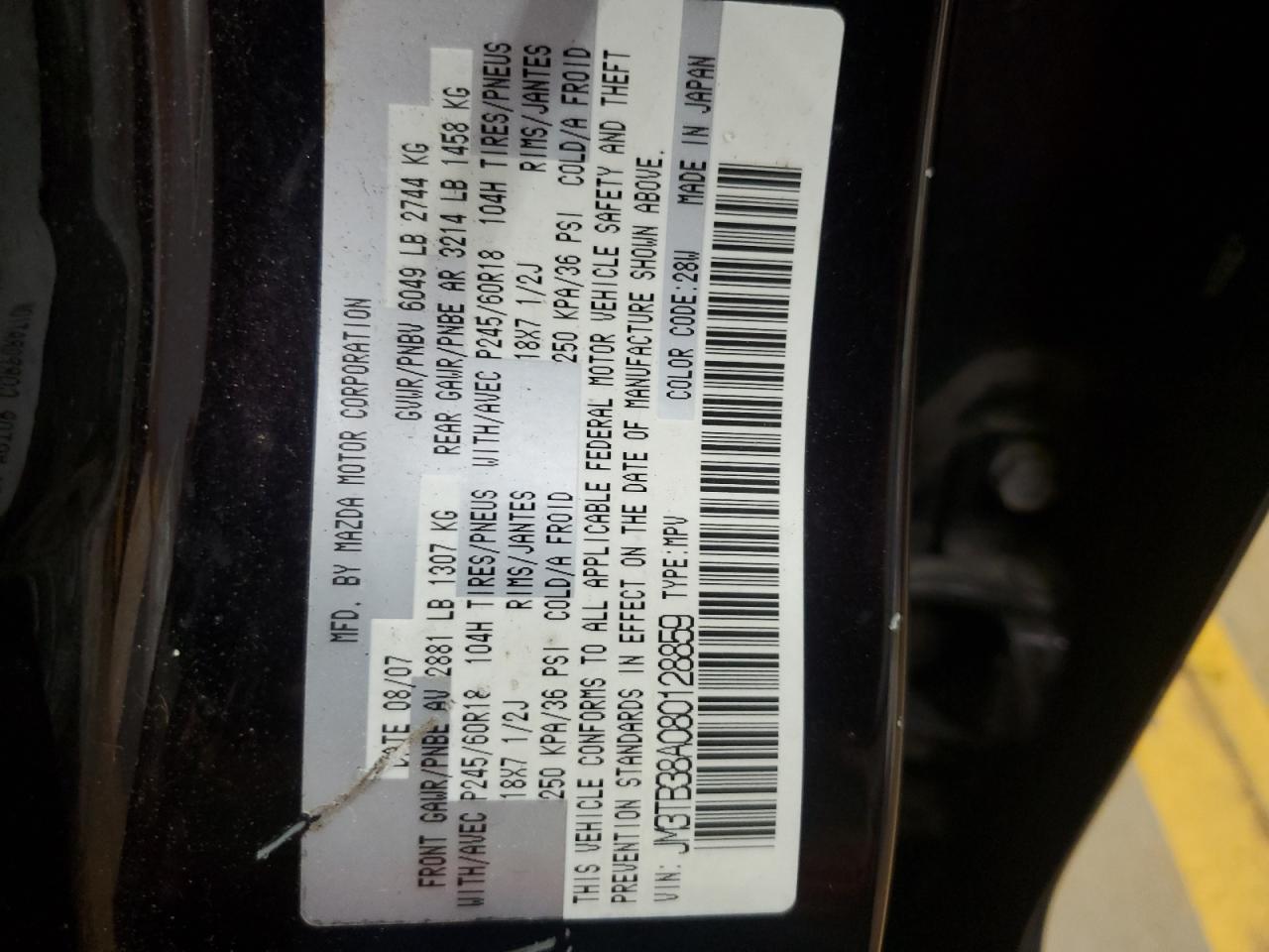 2008 Mazda Cx-9 VIN: JM3TB38A080128859 Lot: 82162115