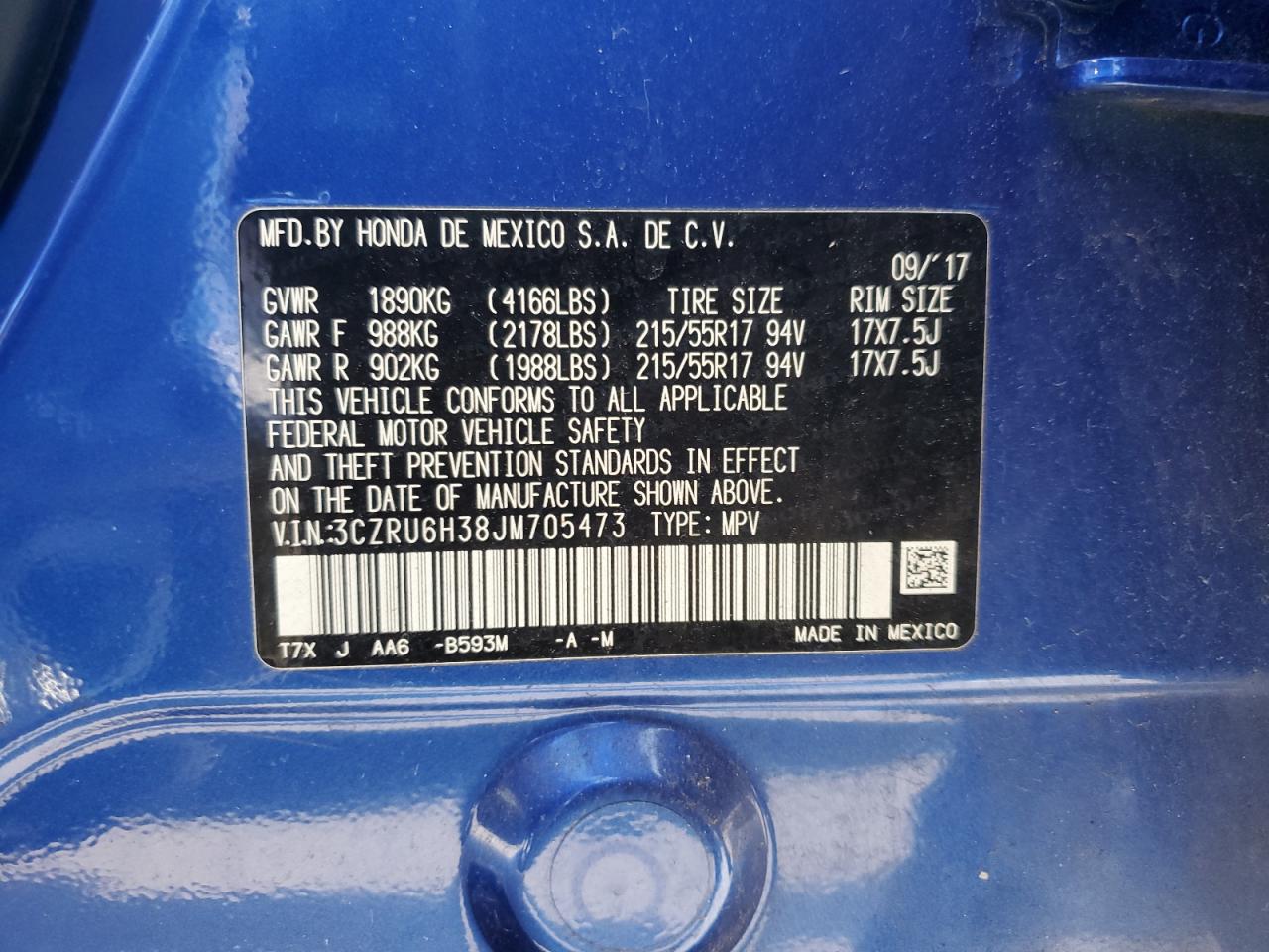 2018 Honda Hr-V Lx VIN: 3CZRU6H38JM705473 Lot: 81543815