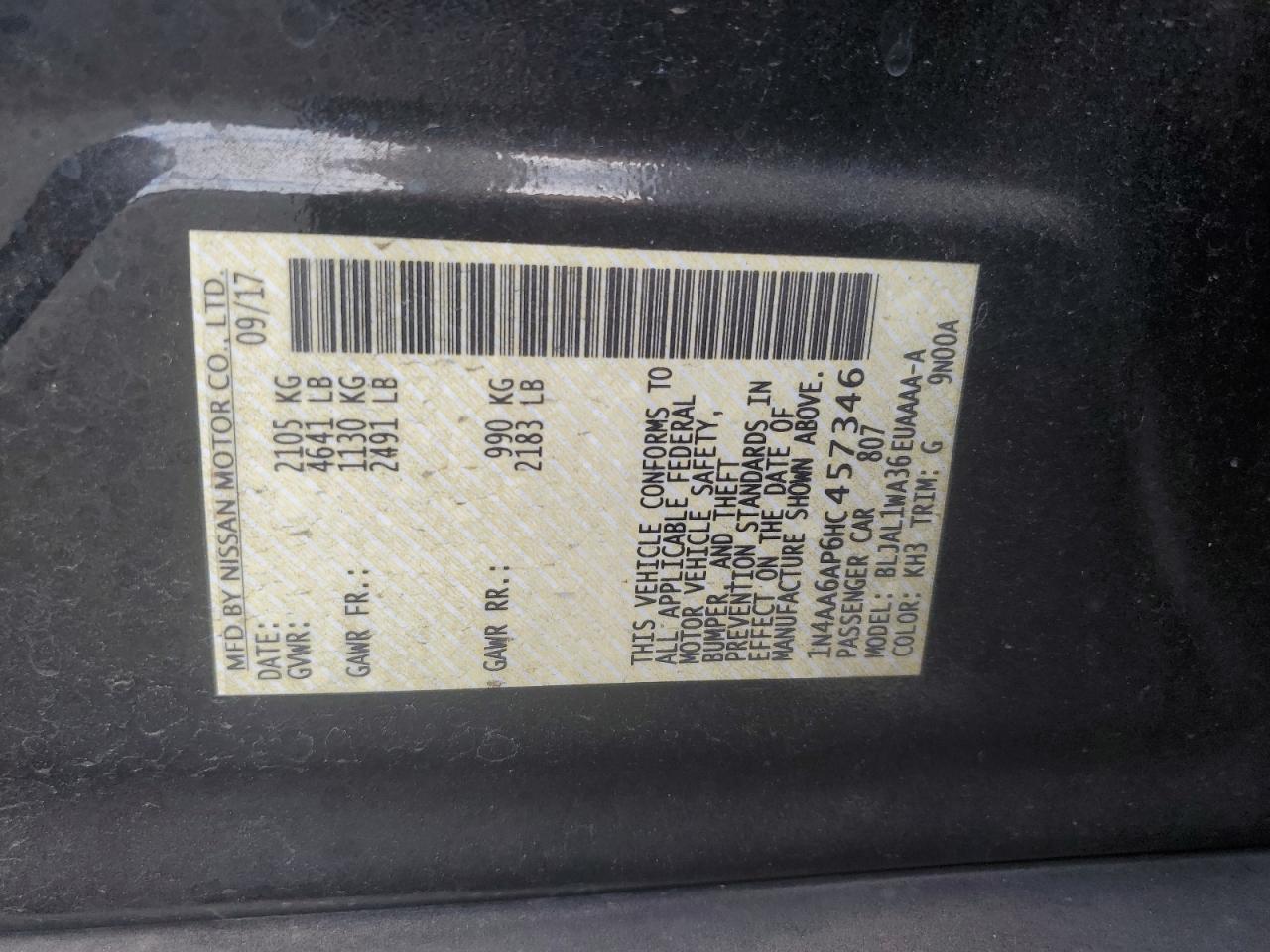 2017 Nissan Maxima 3.5S VIN: 1N4AA6AP6HC457346 Lot: 81718565