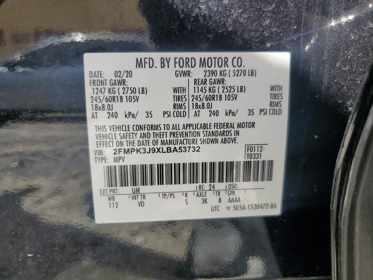 2020 Ford Edge Sel VIN: 2FMPK3J9XLBA53732 Lot: 70620025