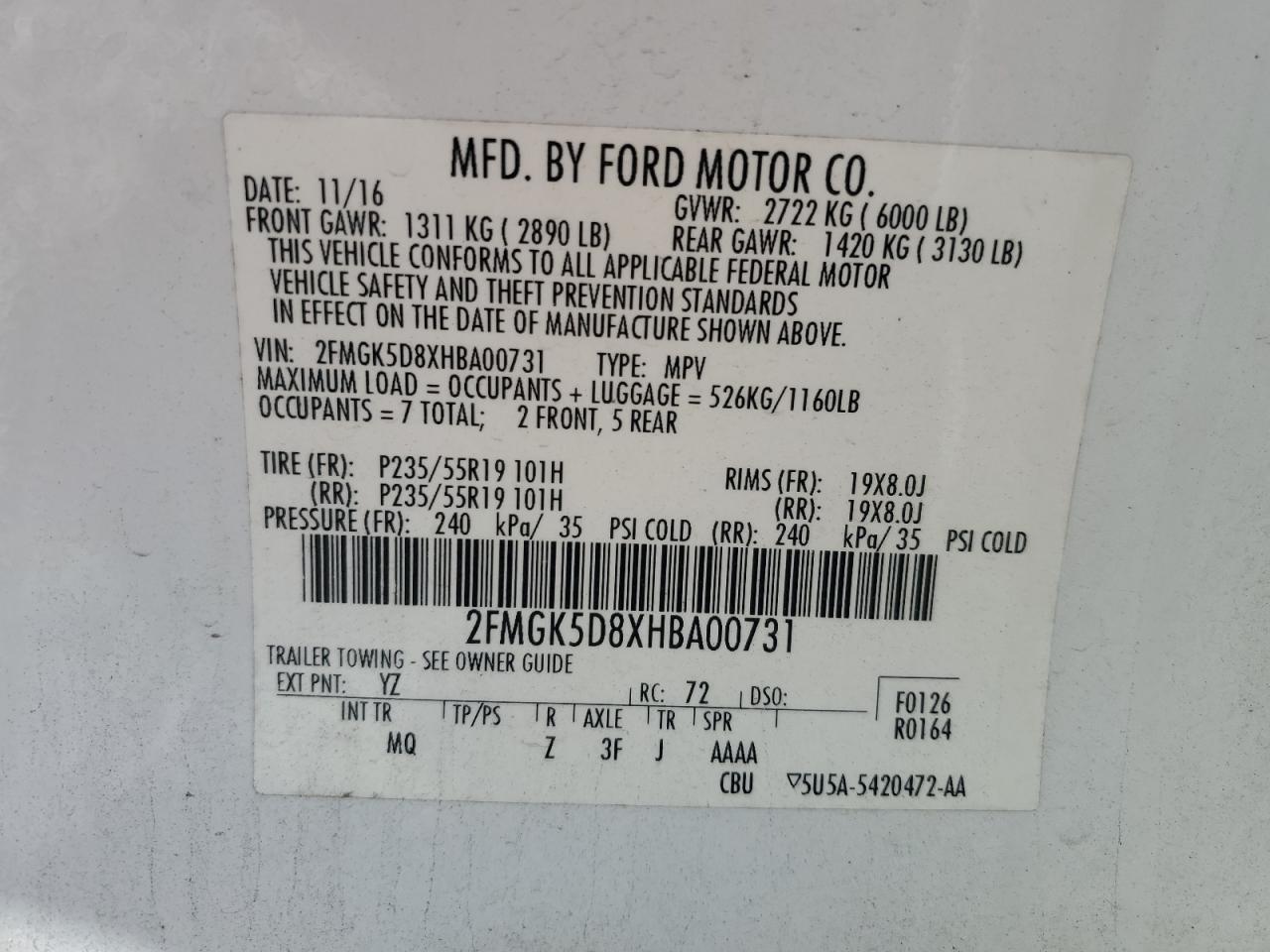 2017 Ford Flex Limited VIN: 2FMGK5D8XHBA00731 Lot: 81672035