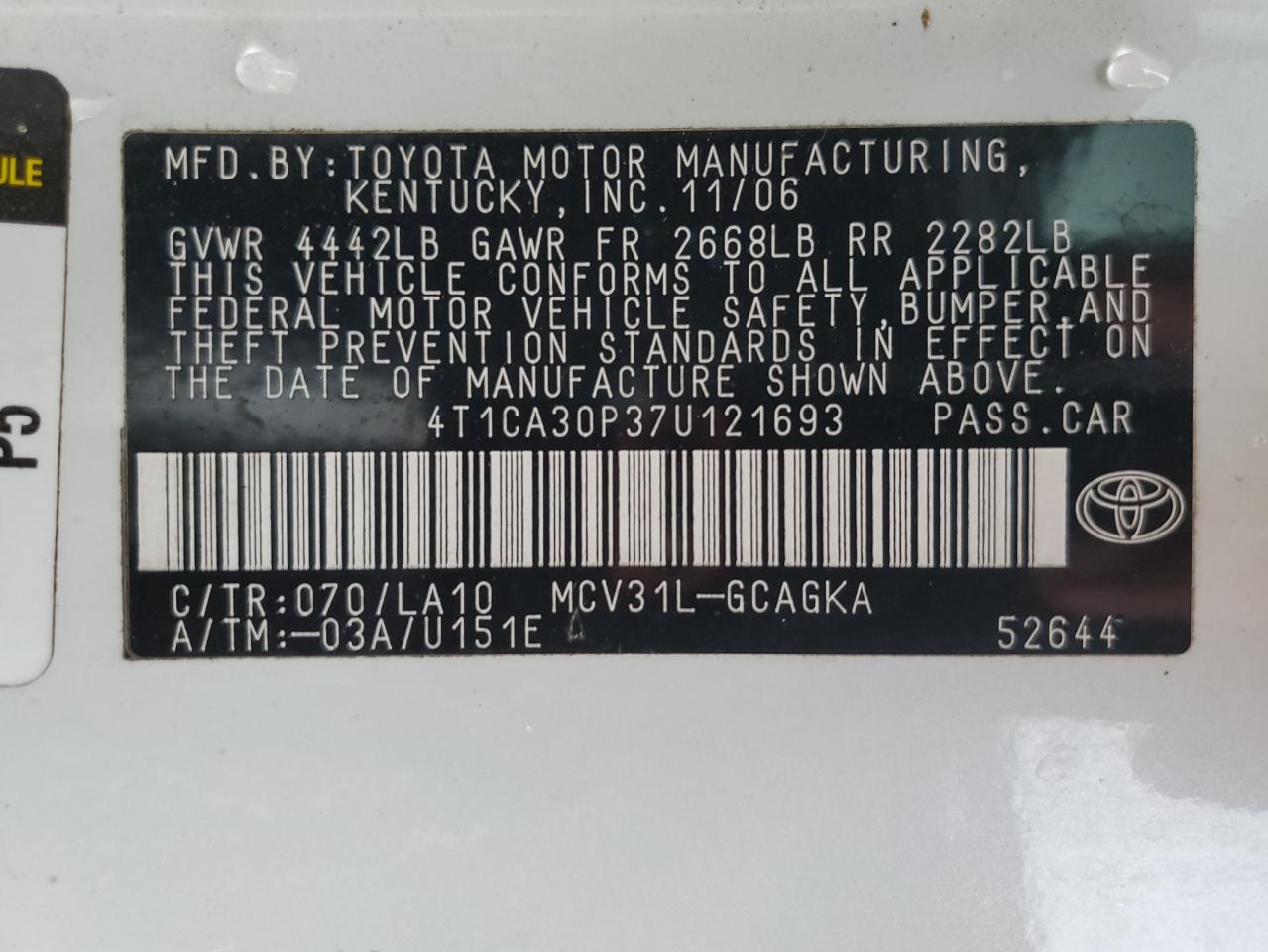 2007 Toyota Camry Solara Se VIN: 4T1CA30P37U121693 Lot: 80837615