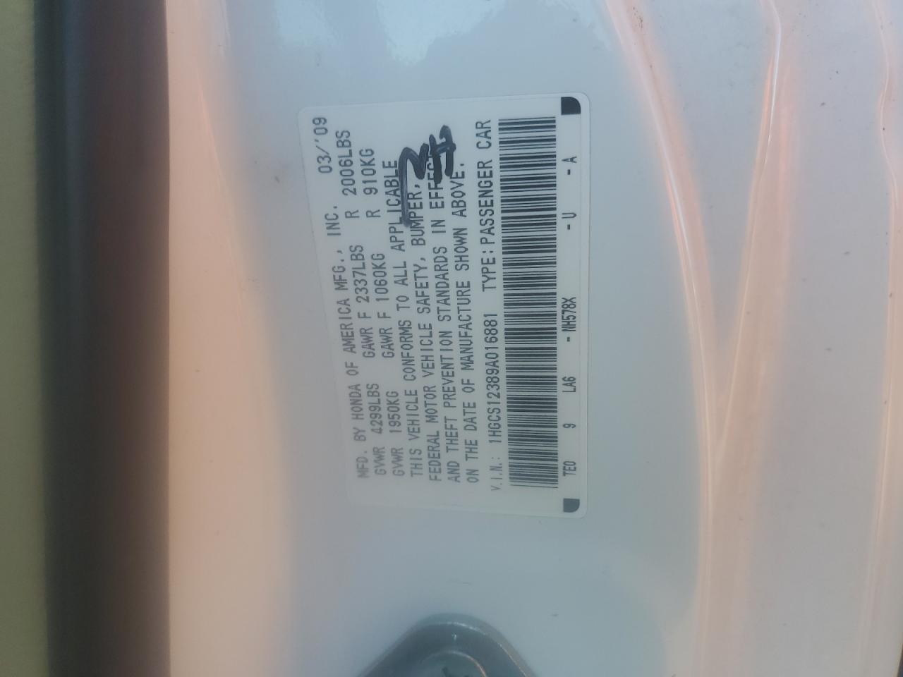 2009 Honda Accord Lx VIN: 1HGCS12389A016881 Lot: 84243755