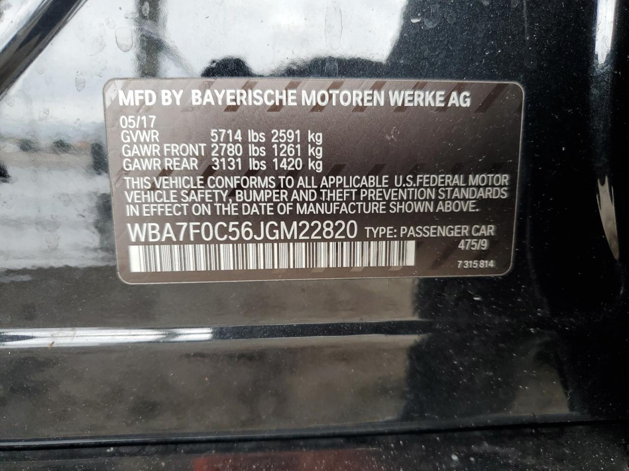 2018 BMW 750 I VIN: WBA7F0C56JGM22820 Lot: 84008985