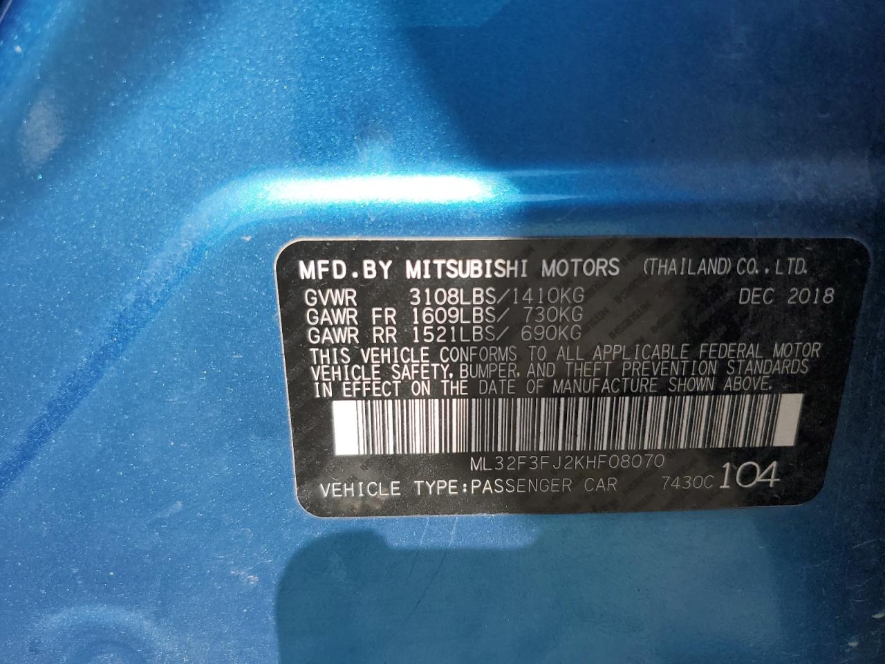 2019 Mitsubishi Mirage G4 Es VIN: ML32F3FJ2KHF08070 Lot: 80619525