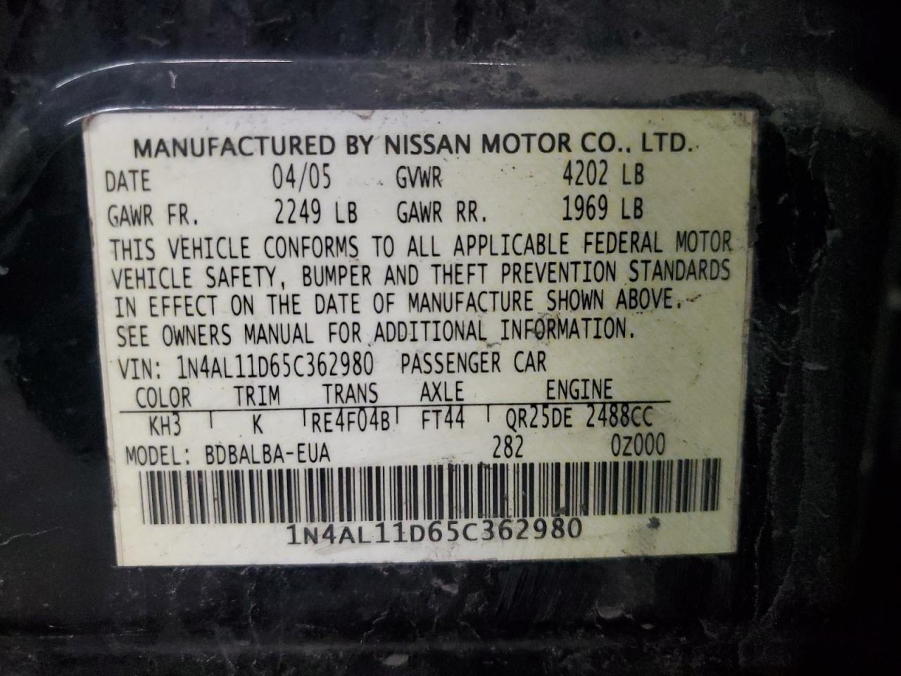 2005 Nissan Altima S VIN: 1N4AL11D65C362980 Lot: 84428325