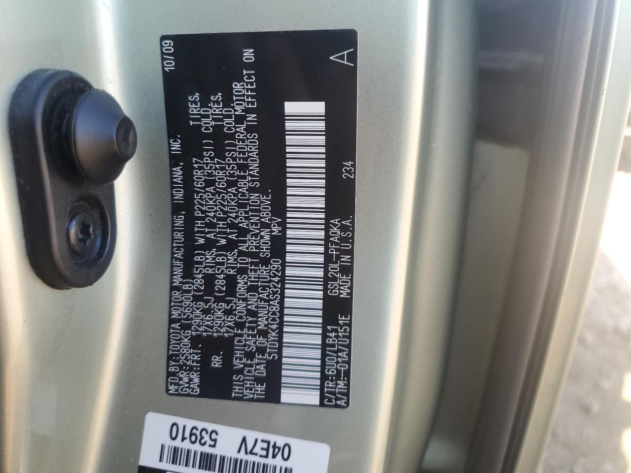 2010 Toyota Sienna Xle VIN: 5TDYK4CC8AS324290 Lot: 81019885