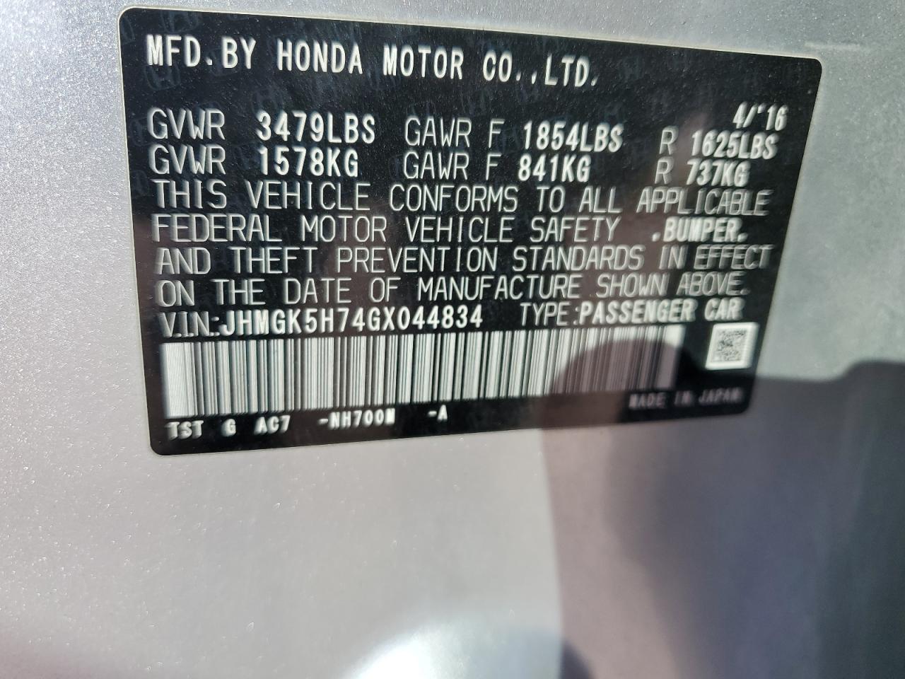 2016 Honda Fit Ex VIN: JHMGK5H74GX044834 Lot: 84448355